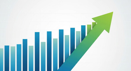 Green arrow pointing upwards on a bar chart indicating growth. © Rizky