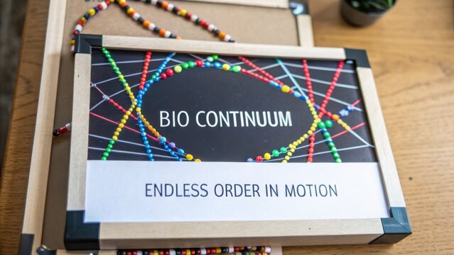 Colorful display of bio continuum concept showcasing endless order in motion with vibrant beads and dynamic design