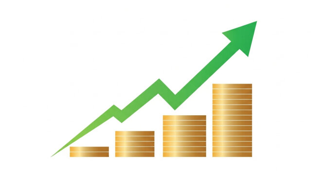Green arrow graph showing financial growth over stacked coins.