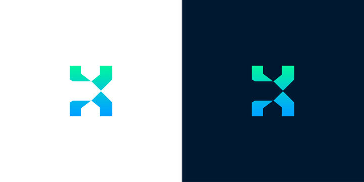 Modern abstract geometric 'X' logo design in blue and green on white and dark backgrounds