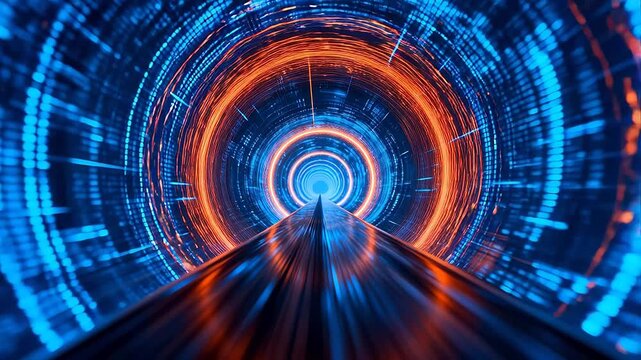 Futuristic tunnel with blue and orange rings and central light