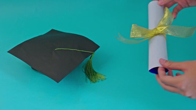 Hands placing Mortarboard cap and diploma scroll with gold ribbon on blue background