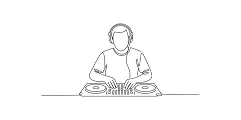 A minimalist line drawing of a dj wearing headphones and operating a digital dj controller on a white background © Line Art Gallery
