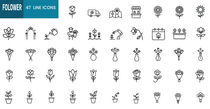 Flower web line icons set botanical bloom garden petal flora bouquet spring bud greenhouse web line icons set & more vector illustration with editable stroke