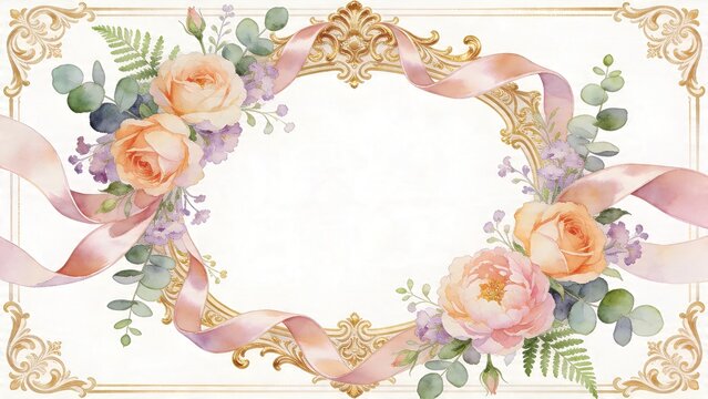 Romantic Floral Wreath Border with Elegant Ribbon Accents for Wedding Invitation Design