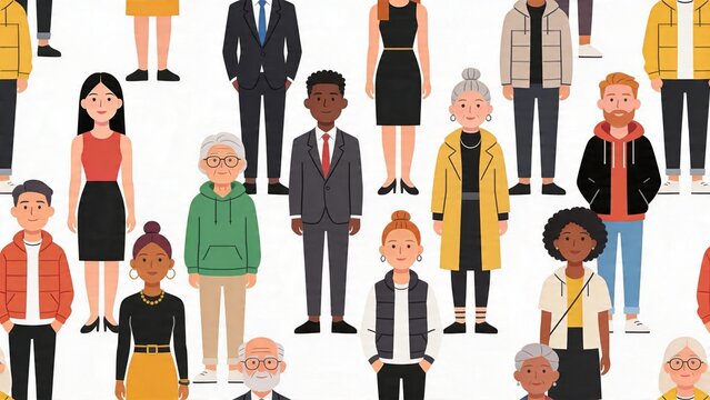 Diverse group of jubilant people parade full body illustration set for comic book or children's book design