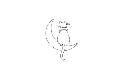 Vector illustration of a cat sitting on a line with a crescent shape © Bokul