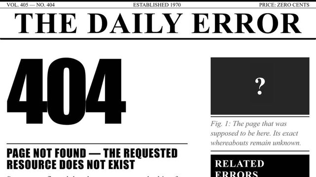 Retro Newspaper Style 404 Page Not Found Illustration for Web Error Message and Digital Technology Concept