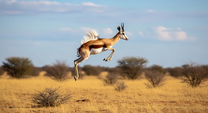 Springbok antelope leaping in a natural habitat under a clear blue sky