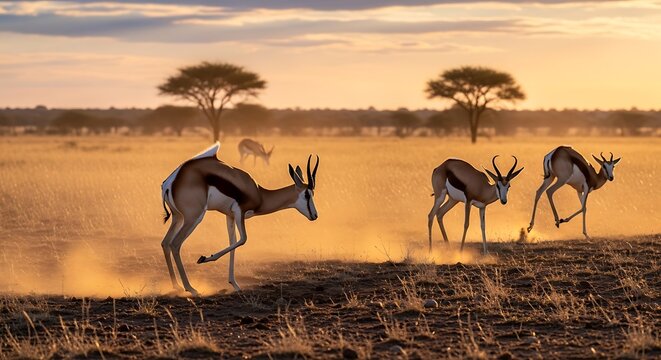 Springbok antelopes running across savanna at sunset wildlife photography