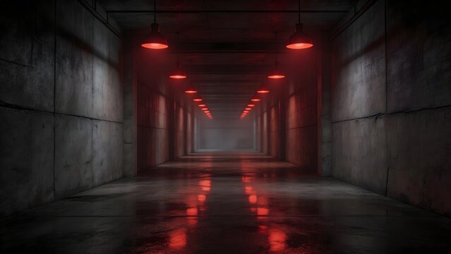 Long dim corridor with red lights