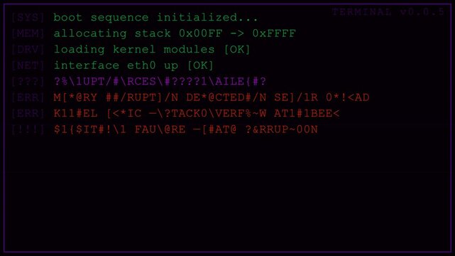 Computer System Boot Failure and Data Corruption Warning on Digital Screen with Glitch Effect