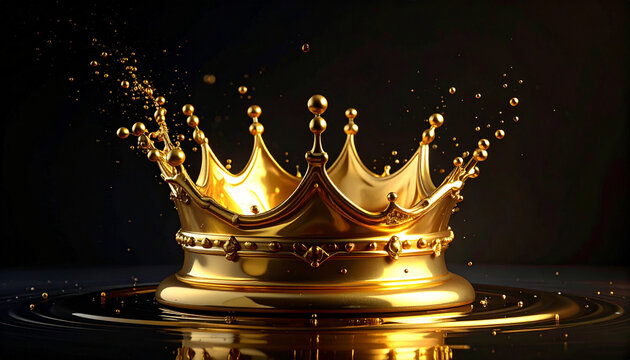 Golden crown with splash against black backdrop royalty and luxury concept