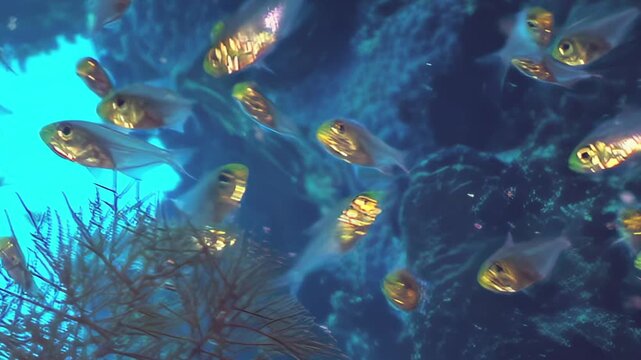 A mesmerizing school of small, translucent fish with striking golden heads gracefully swims through crystal clear ocean waters.