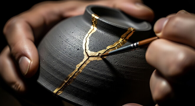 Artisan Hands Repairing Broken Ceramic Bowl with Gold Kintsugi