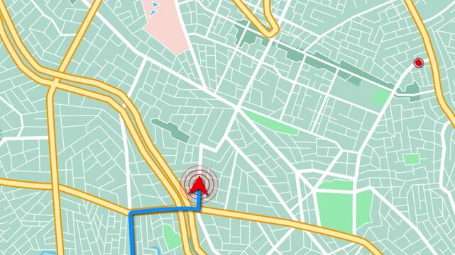 Digital Map Route Tracking Screen GPS navigation route map interface showing destination path. Perfect for travel apps, location services, logistics visuals, or transportation technology presentations