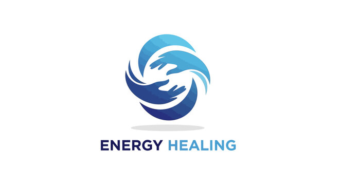 Abstract blue hands logo representing energy healing and wellness concept.