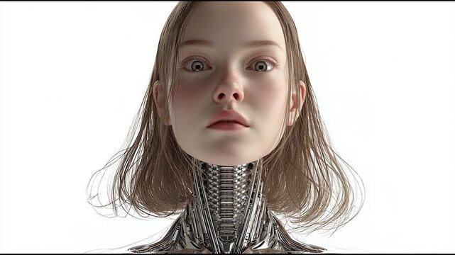 Futuristic female android portrait with realistic human features, advanced robotics and AI concept with clean minimal background and soft lighting