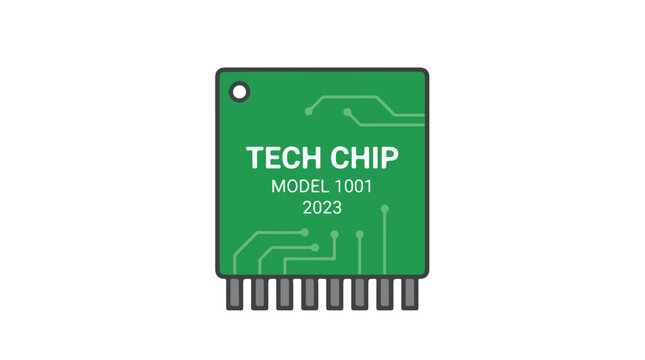 A green microchip with "TECH CHIP MODEL 1001 2023" printed on it, against a white background.