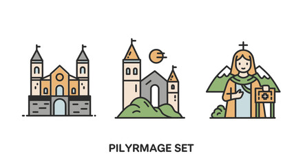Naklejka premium Catholic pilgrimage illustration set with cathedral and female traveler