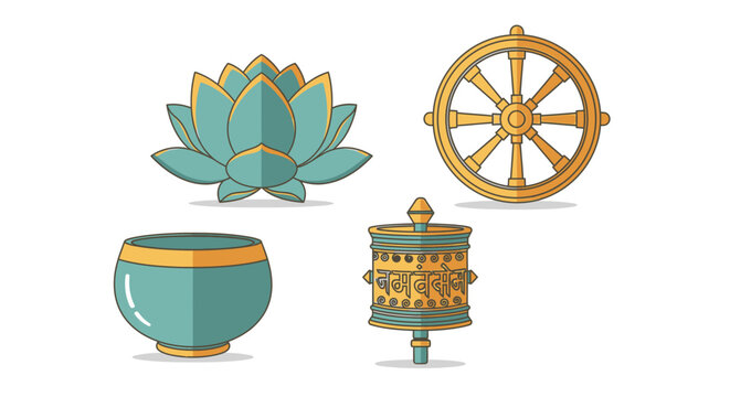 Buddhist symbols set including lotus dharma wheel and singing bowl