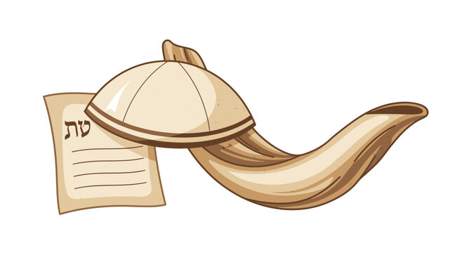 Cartoon shofar and kippah with Hebrew script for Rosh Hashanah