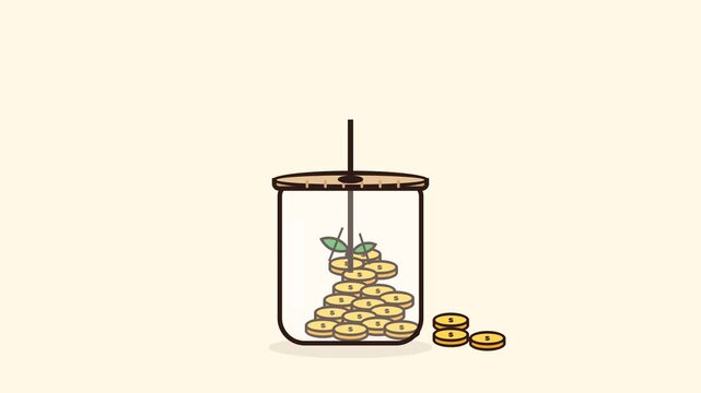 Conceptual Financial Growth Animation of a Green Plant Sprouting from a Glass Jar filled with Gold Coins