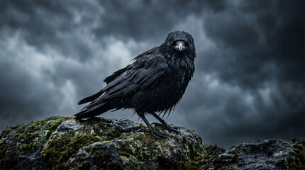 Fototapeta premium Black raven perched on mossy rock under dramatic dark stormy sky