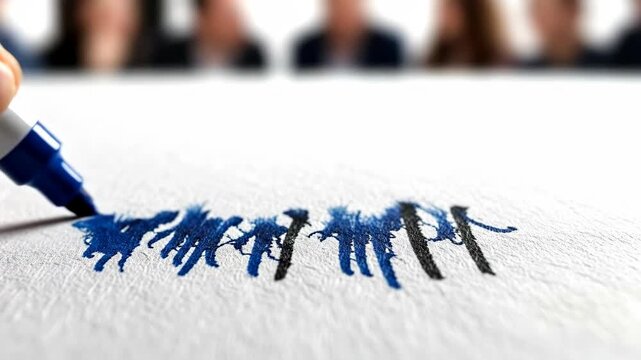 Hand using a blue marker to create abstract strokes on white paper