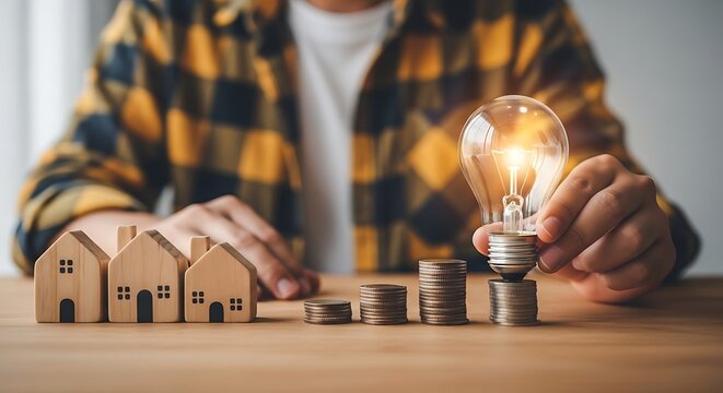 Hand holding a glowing lightbulb above stacks of coins and miniature wooden houses, representing financial planning and real estate investment.