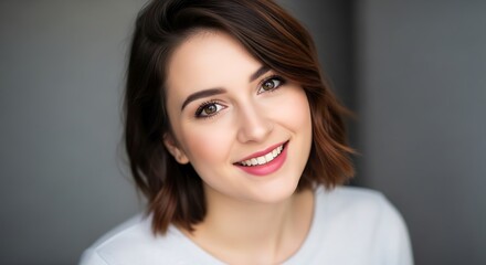 Naklejka premium Smiling woman portrait close up with short hair soft focus studio lighting