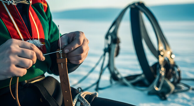 Close up of hands sewing leather strap with large needle in winter