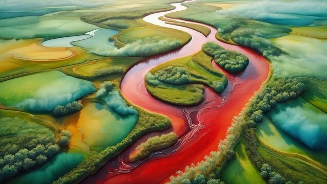 Vibrant Aerial View of a Red River Winding Through Lush Green Landscape