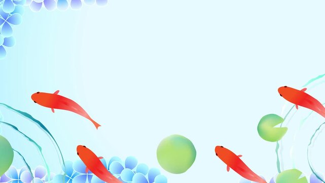 Japanese summer background with goldfish and blue hydrangeas animation