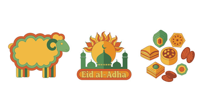 Eid al Adha icons with sheep mosque and traditional sweets