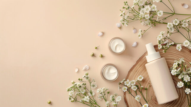 product photography skincare products on a clean light beige background with some stones wood geometric composition soft lighting minimal style ultra high definition