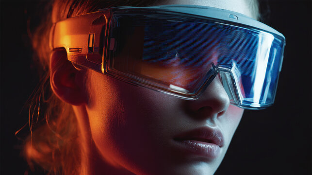 Young person wearing futuristic virtual reality goggles, showcasing advanced technology and striking visual aesthetic. lighting creates dramatic effect, enhancing modern look and feel