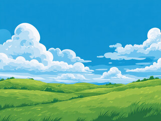 Fototapeta premium Vibrant vector illustration of green meadow under bright blue sky filled with fluffy white clouds. scene evokes sense of tranquility and natural beauty, perfect for outdoor themes
