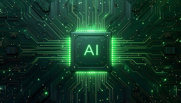 Futuristic AI chip glowing on circuit board techs.
