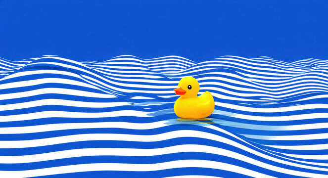 Cheerful yellow rubber duck floats on vibrant blue and white striped surface, creating playful and whimsical scene. bright colors evoke sense of fun and joy, perfect for lighthearted atmosphere
