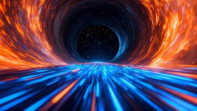 Cosmic black hole with orange and blue energy vortex in space