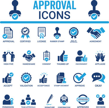 Approval and validation vector icon set. Certified, license, agreement, consent, endorsement, permission, decision and confirmation symbols
