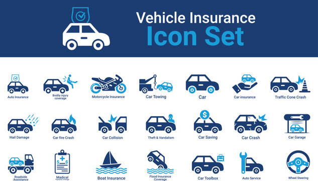 A comprehensive vehicle insurance vector icon set featuring car, truck, motorcycle, accident, claim, policy, and coverage symbols