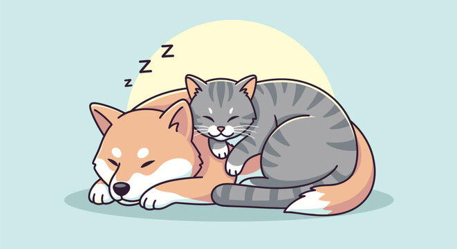 Cute cartoon illustration of a dog and cat sleeping together.