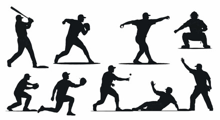 Obraz premium Dynamic collection of baseball player silhouettes showcasing various game actions, from powerful batting to agile pitching and sliding, perfect for sports design projects and athletic branding