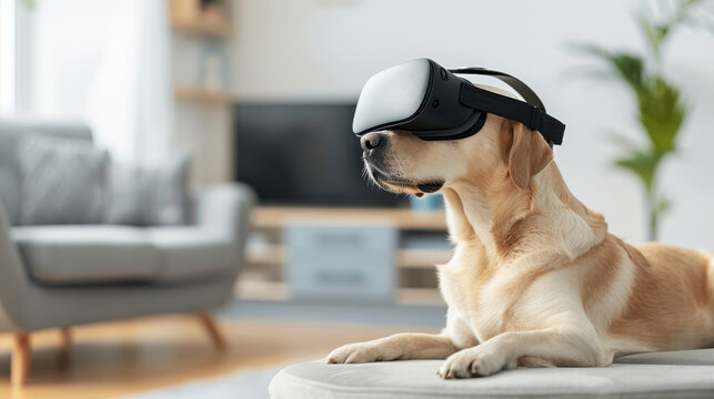 pet dog wearing virtual reality gear, exploring digital world in cozy living room. scene captures playful and innovative moment in pet technology