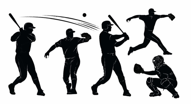 Silhouettes of baseball players in action during a game, including batting, pitching, and catching