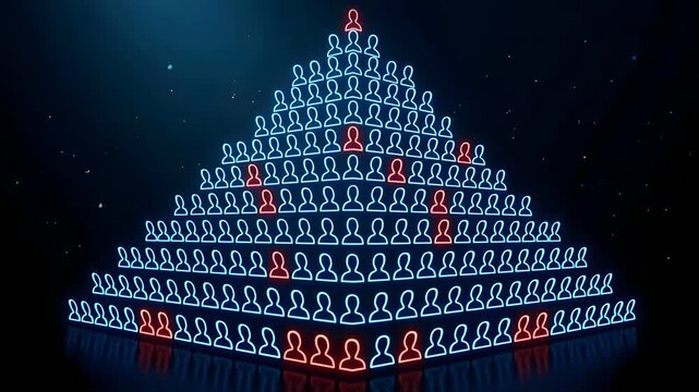 Digital Pyramid Structure Representing Hierarchy With Red Impostor Symbols On Dark Background With Floating Particles And Neon Glow