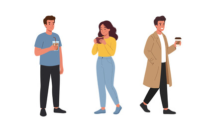 Obraz premium Diverse group of illustrated people enjoying coffee, holding cups, casual lifestyle vector characters on white background