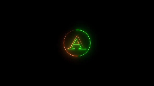 Neon outline of the letter A inside a circle with green and orange glow on a black background alphabet